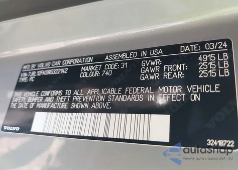 2024 Volvo S60 B5 Core Dark Theme из США, поврежденный, VIN 7JRL12FK0RG322142